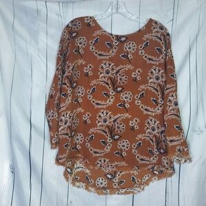 Voloshin Brown Paisley Boho Relaxed Cotton 3/4 Sleeve top